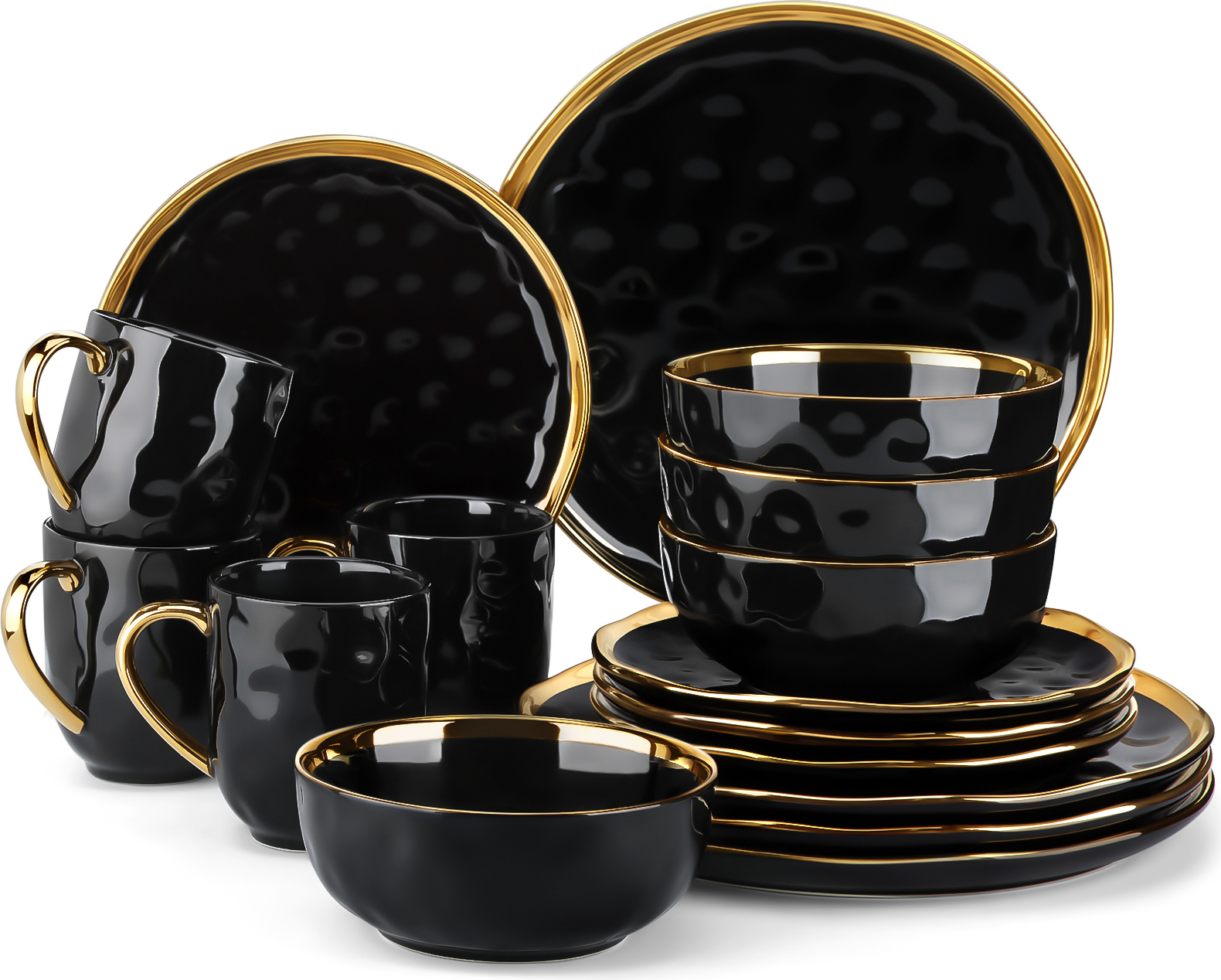 LOVECASA Set Stoviglie 16 Pezzi – Serie Daphne Sweet – Porcellana Con Dettagli Oro – Piatti, Ciotole, Tazze Per 4 Persone