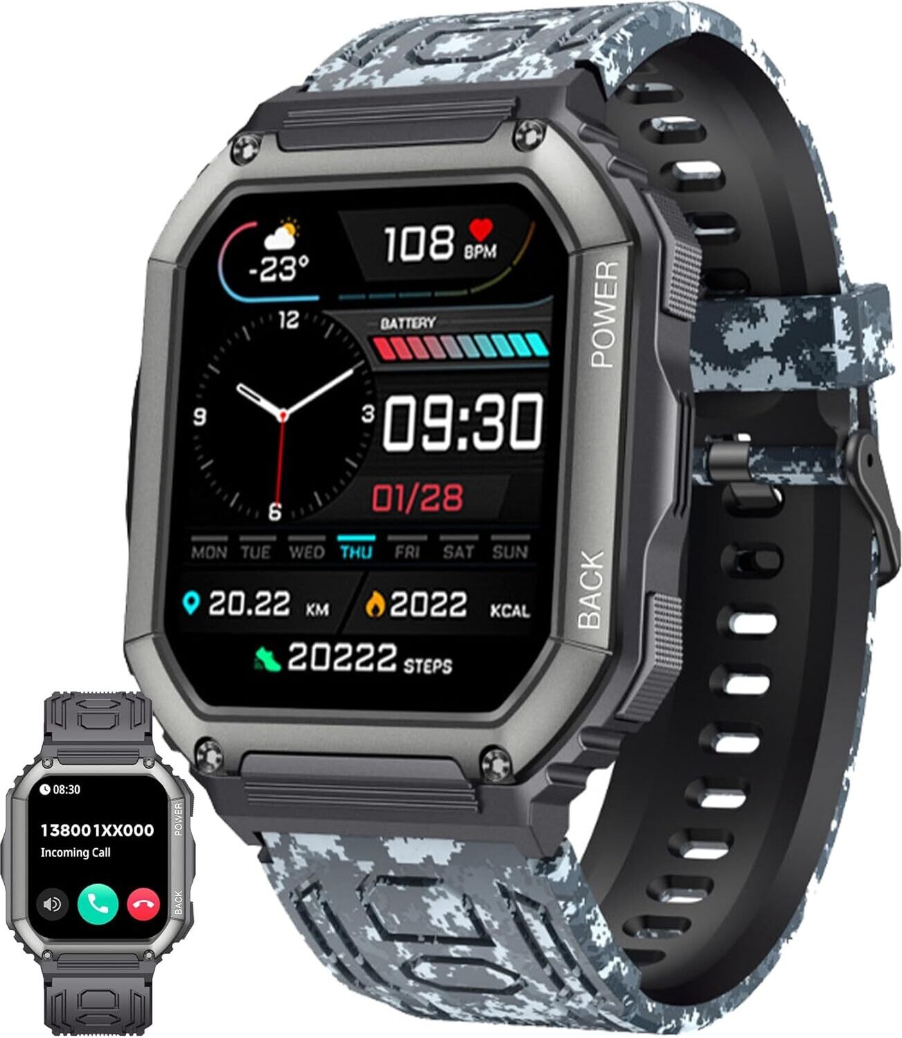 ZPIMY Herren Smartwatch mit Telefonfunktion, AMOLED 5ATM wasserdichte Fitness Taschenlampe Schrittzähler, Herzfrequenz, SpO2, Sportuhr, Aktivitätstracker
