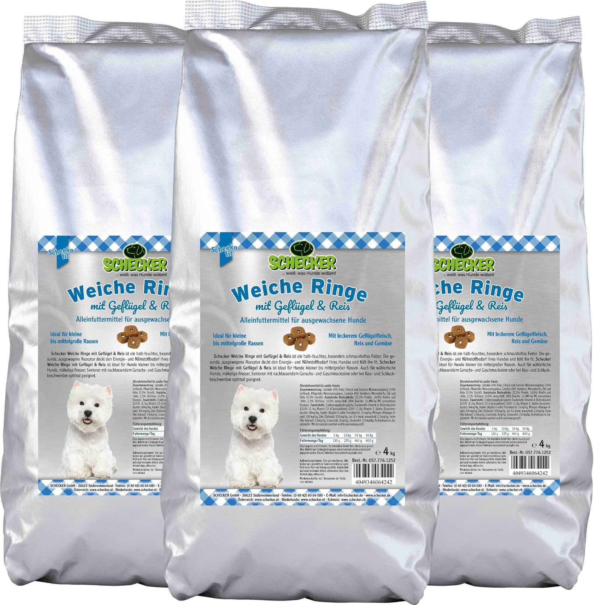 3 x 4 kg - Schecker weiche Ringe - Trockenfutter mit Geflügel und Reis halb-feucht - schmackhaft