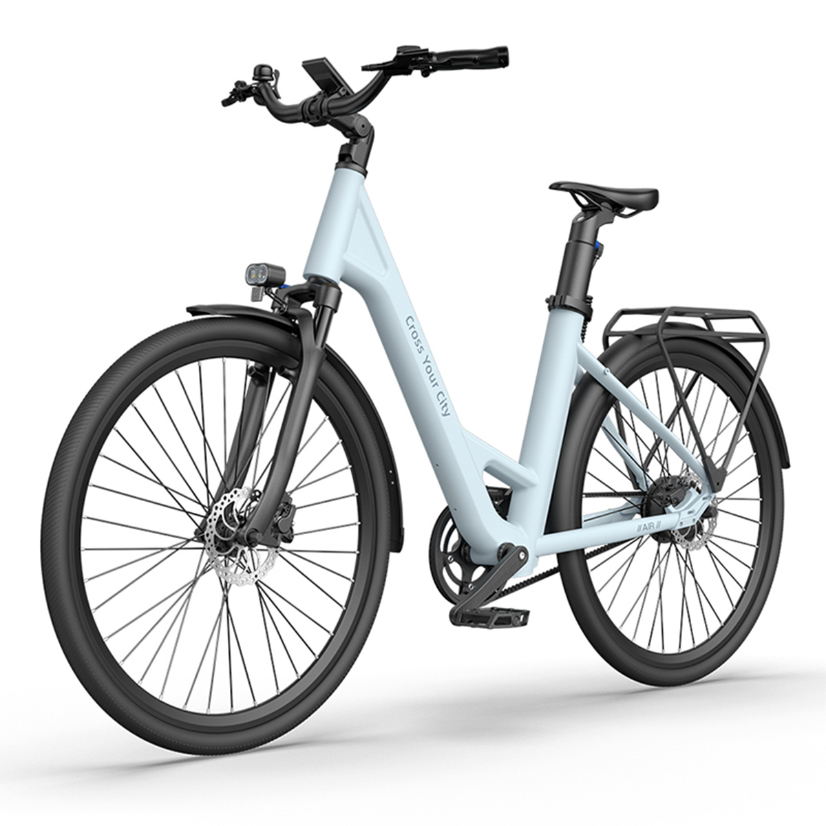 E-Citybike Air28 e-bike 28-palcový elektrický bicykel so zariadením proti krádeži a remeňovým pohonom IPS LCD ADO App Blue