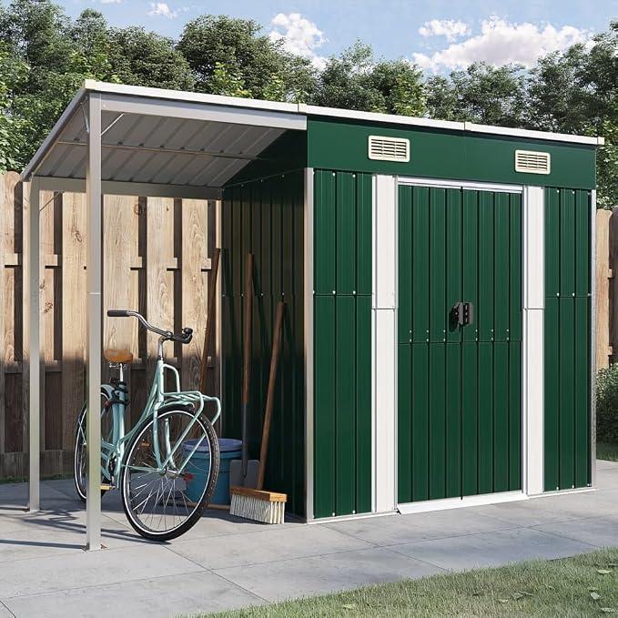 Unbranded Gartenhaus mit Schleppdach Gerätehaus Gartenschuppen Schuppen mit Stauraum Metallschuppen Geräteschuppen Gartenschrank Garten Schuppen Grün 277x110,5x181 cm Stahl