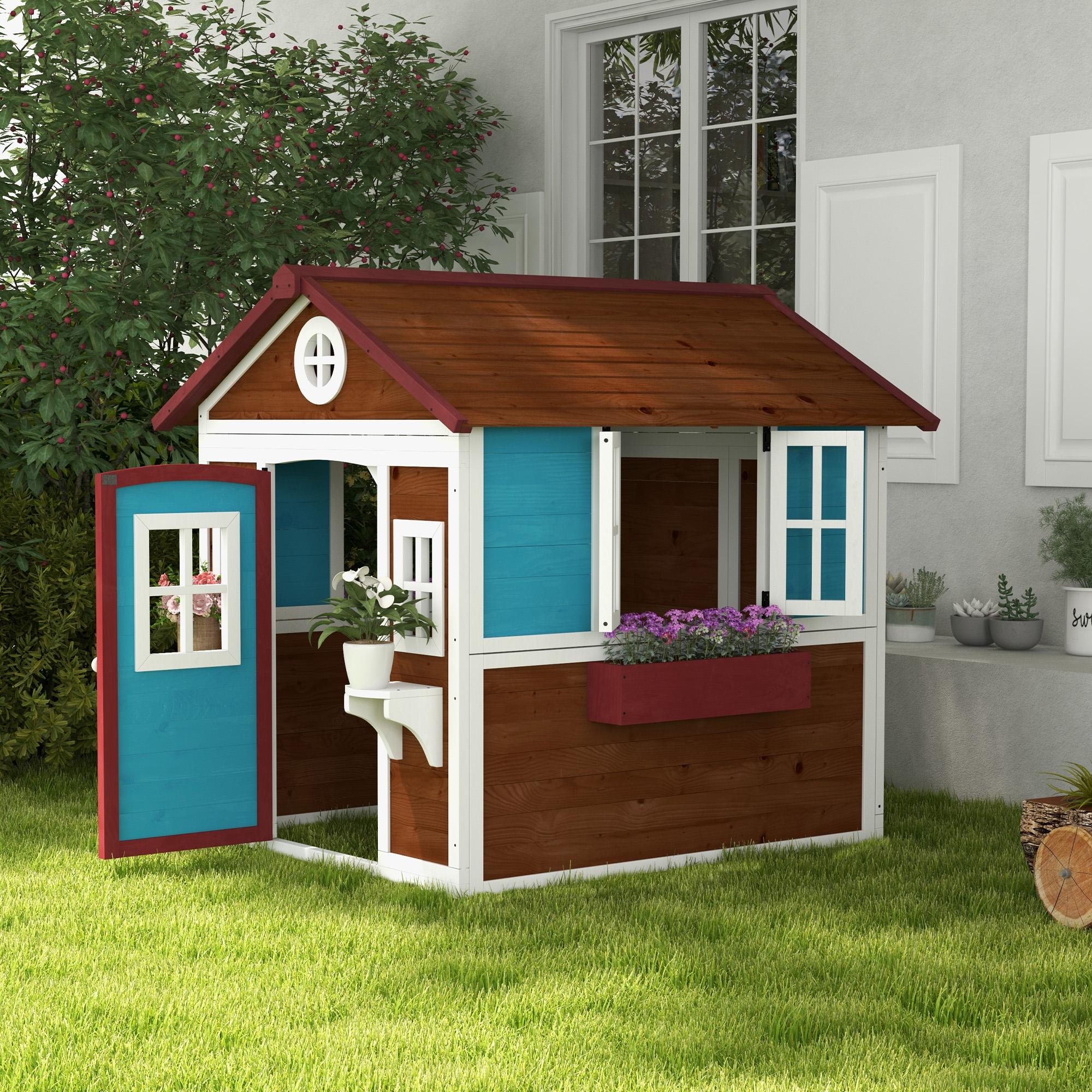 SUGIFT Kinderspielhaus Holz, Outdoor-Gartenspielhaus, Spielhaus für Kinder, Kaffee-Braun | 126 x 114 x 135 cm | Tannenholz | 3–8 Jahre