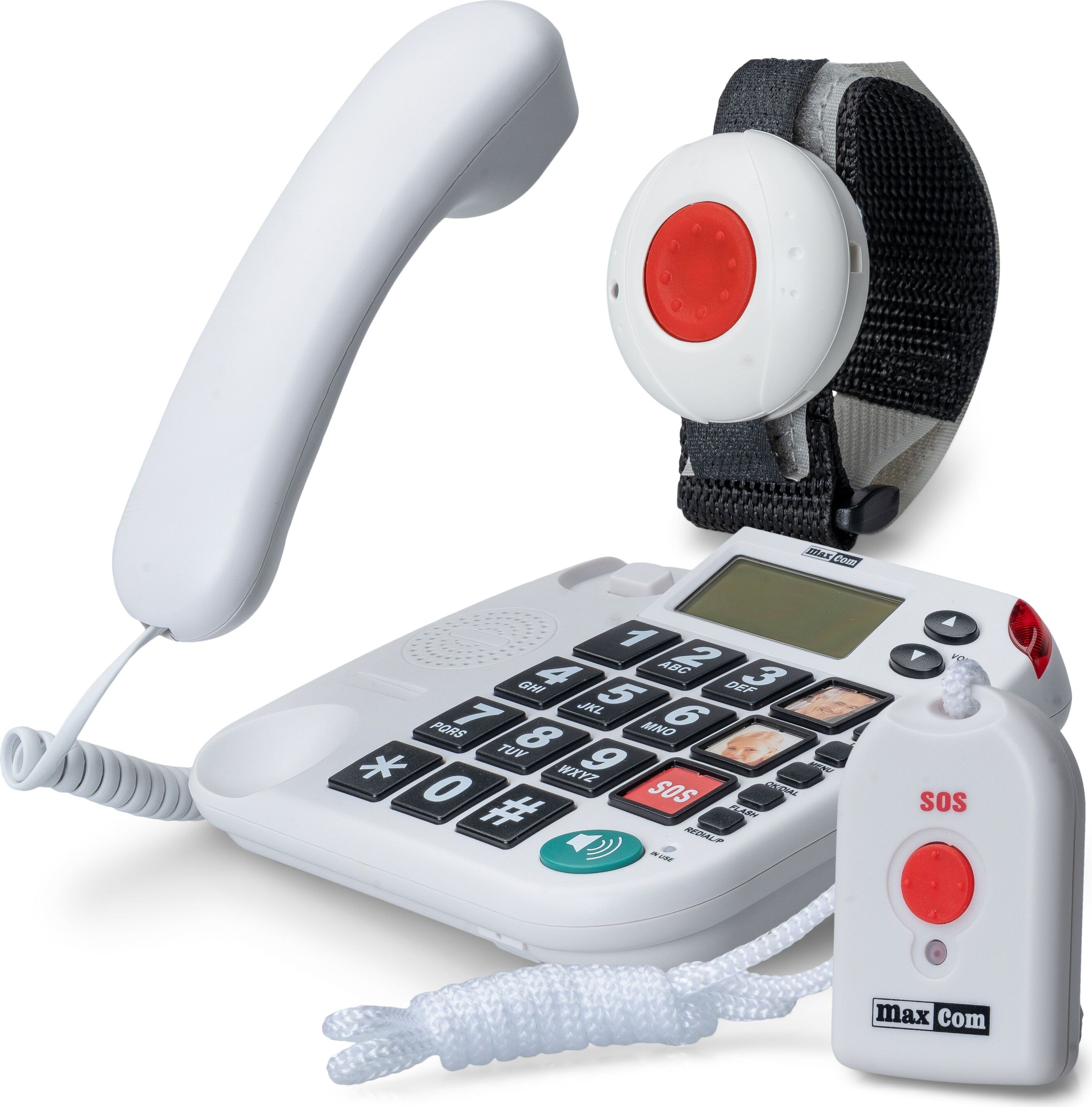 MaxCom KX481SOS: Hausnotruf Telefon mit Notrufarmband und Funk Notruf Sender; schnurgebundenes Festnetztelefon mit Notrufknopf, Notruf Armband und Notrufsender; Notruftelefon Senioren; Seniorentelefon KXTSOSARMHALS