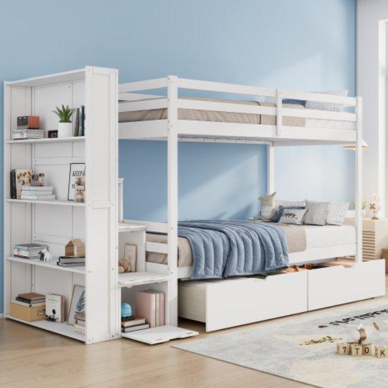 Kinderstapelbett mit Aufbewahrungsplattform & Aufbewahrungsleiter & zwei Schubladen, 90*200cm, multifunktional, große Aufbewahrungsfläche, ohne Matratze, Holz + MDF, weiß