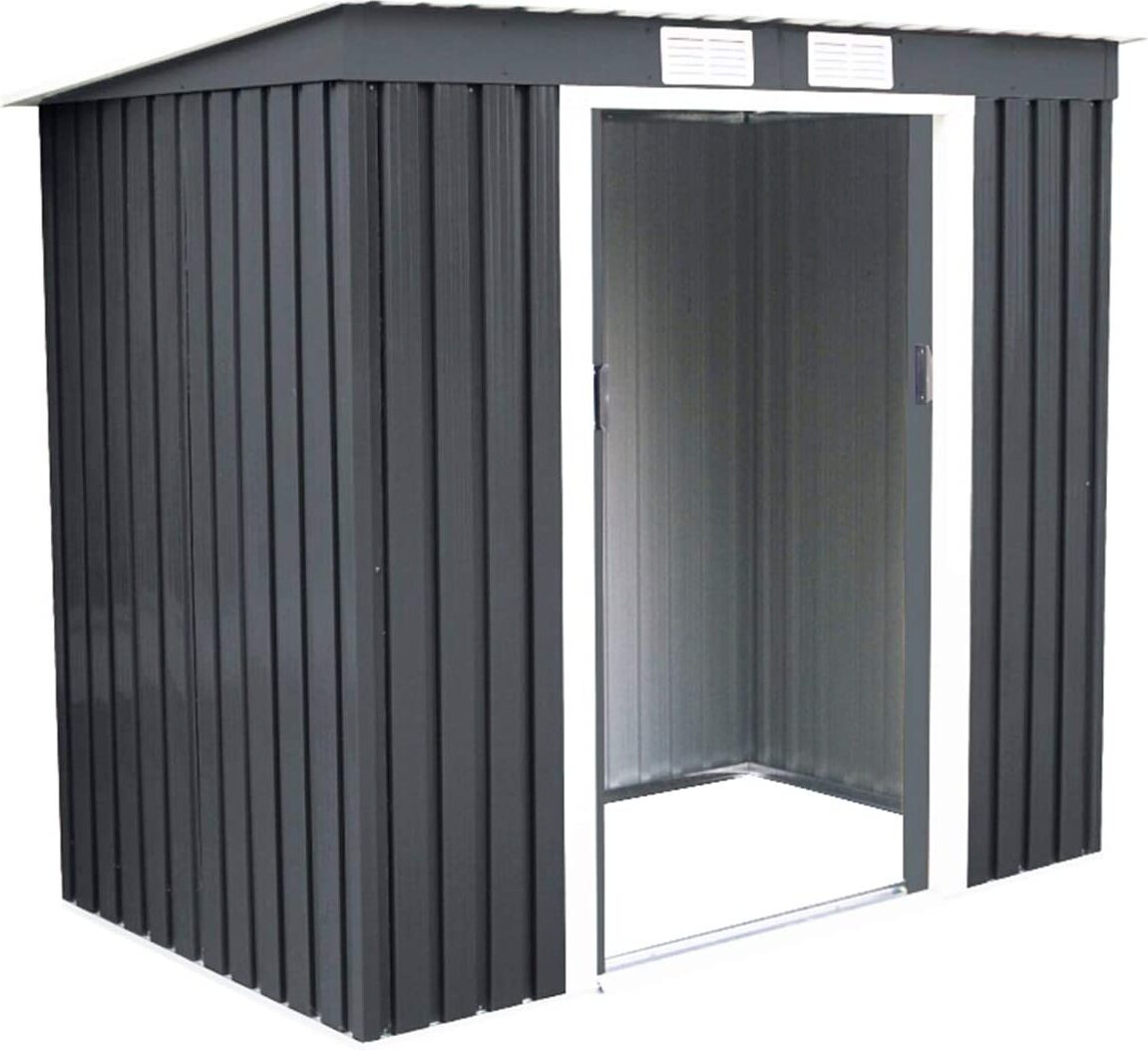 COSTWAY Záhradný domček, 213x130x173cm, 4,2m³, záhradný domček so základmi, šikmou strechou a 2 posuvnými dverami, kovový domček na náradie, tmavosivý
