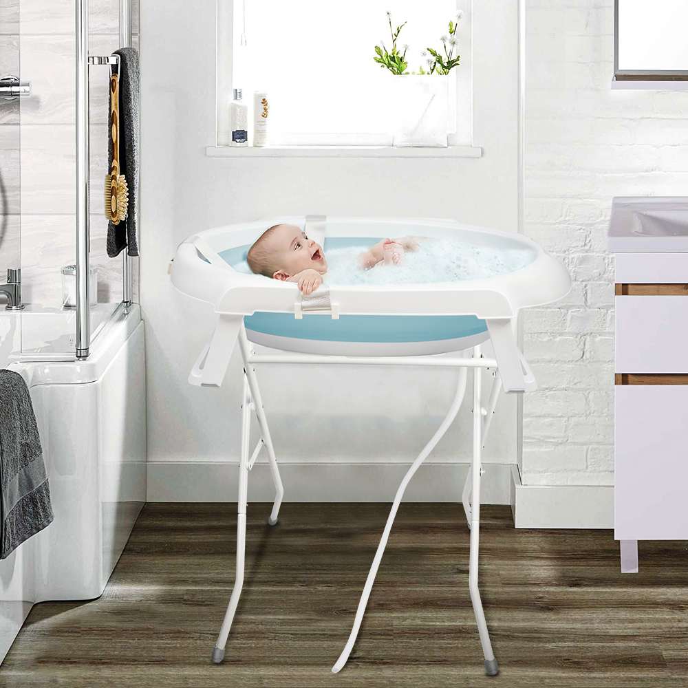 Belfoyer 2in 1 Babybadewanne mit Gestell 80cm,Baby Badewanne Faltbar mit Badematte für Baby 0-12 Jahre,Neugeborene Babybadewanne 80x47x84.5cm Blau 350299