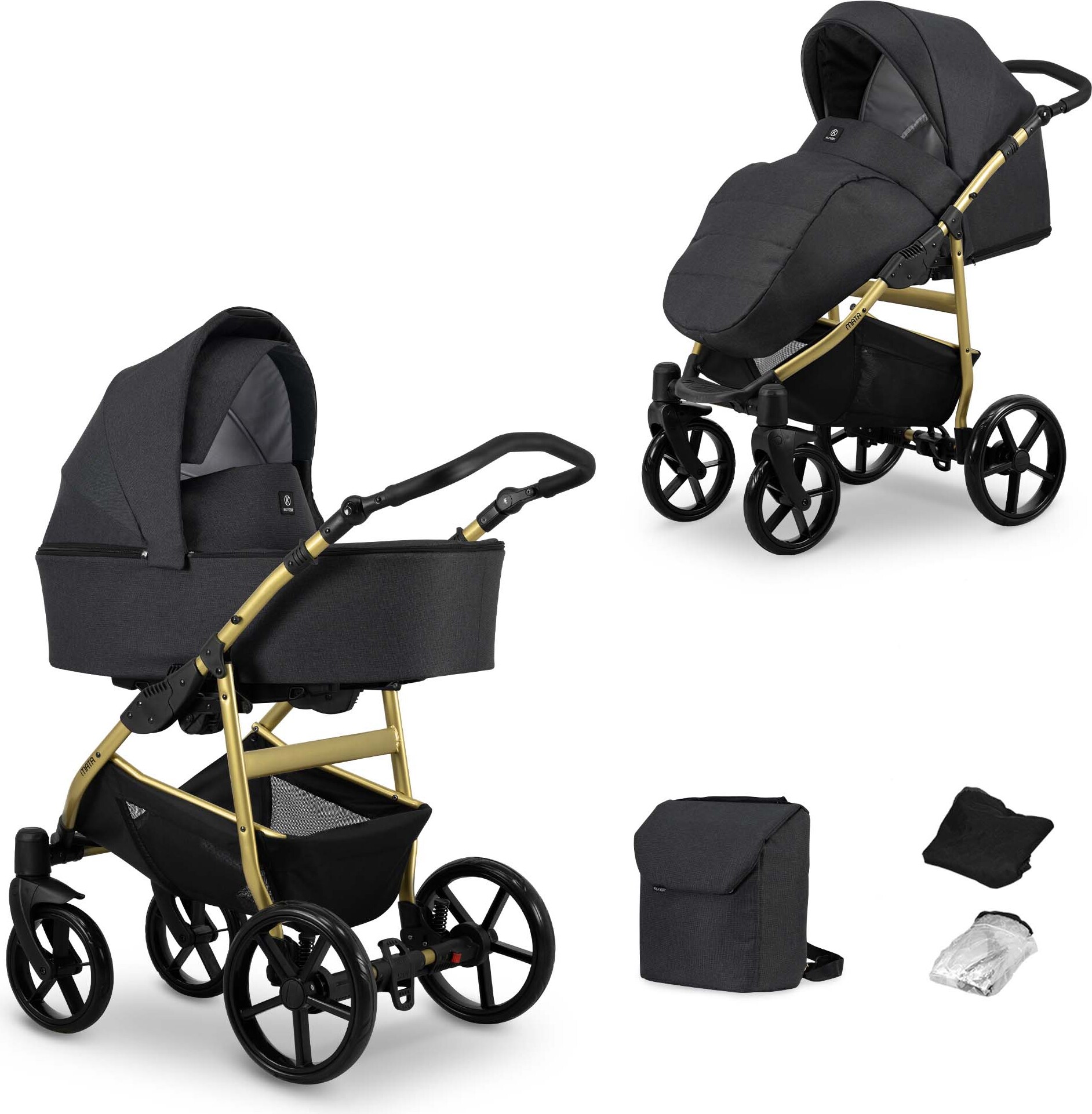 Kinderwagen MATA Sportwagen Babywagen Babyschale Komplettset Kinder Wagen Set 2 in 1 (graphite, Rahmenfarbe: Gold)