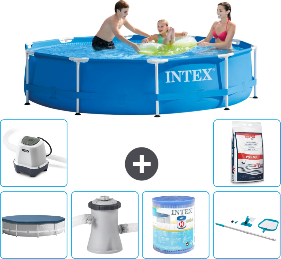 Bazén Intex s okrúhlym rámom - 305 x 76 cm - modrý - vrátane krytu - filtračné čerpadlo pre bazén - filter - čistiaca súprava - systém slanej vody - bazénová soľ