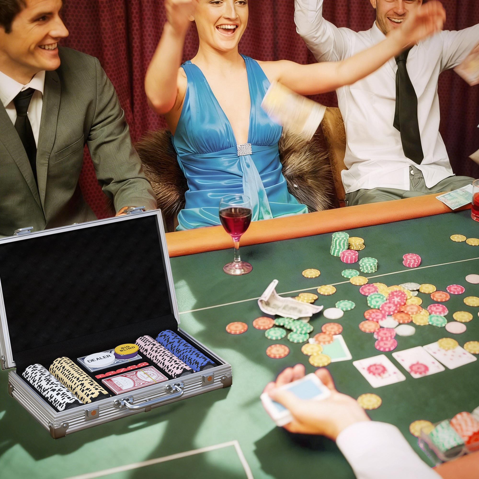 SUGIFT Pokerchips-Set 200 Chips im Koffer, Pokerset mit Blackjack-Matte, 14 g Chips, Silber | 29,5 x 22,5 x 6,5 cm | 4 Chip-Werte | 3,5 kg