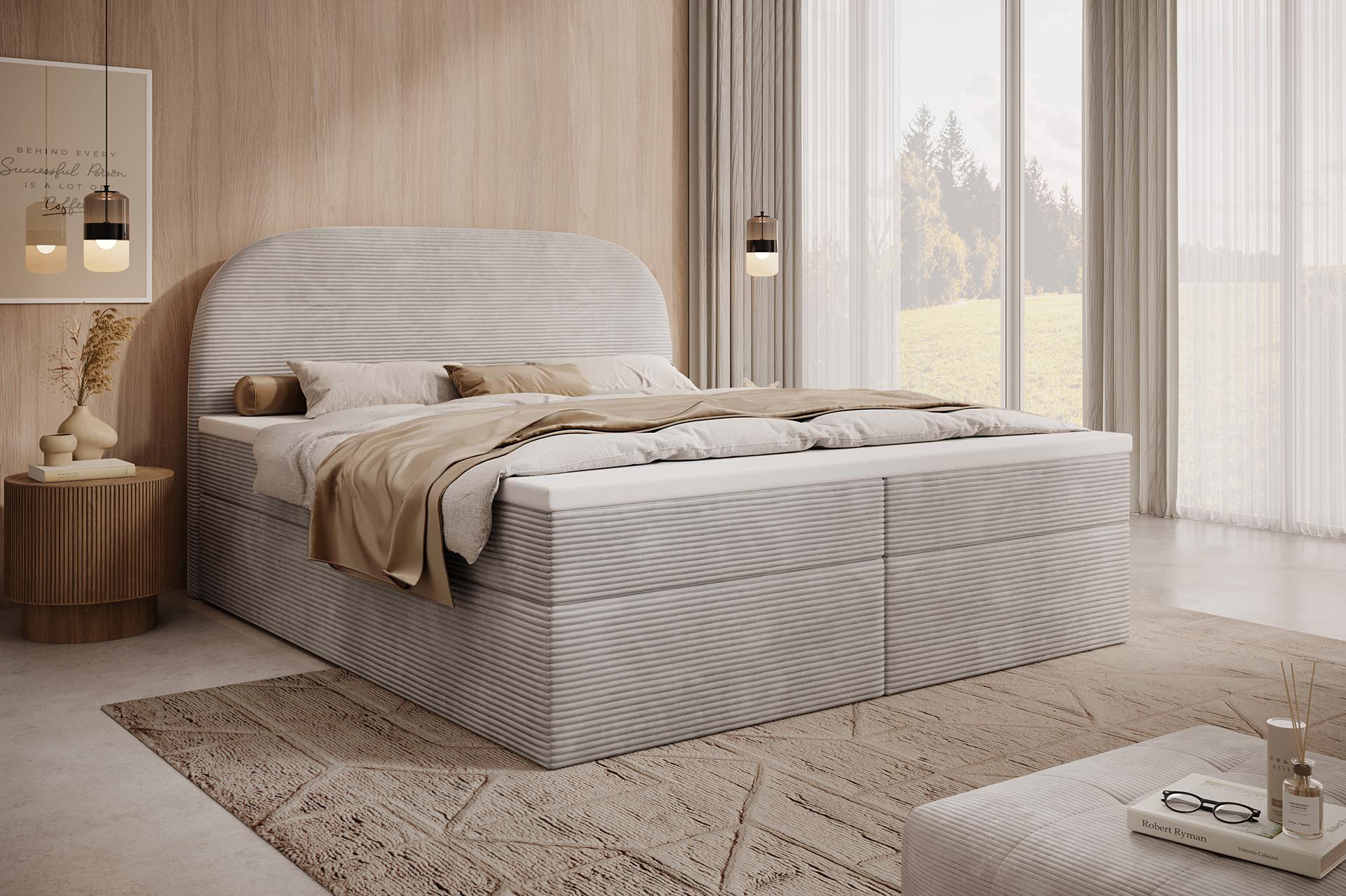 MyBed Zen box spring bed Čalúnená posteľ Čelo postele Úložný priestor 140x200 Vreckový matrac H2 Topper Beige Poso02