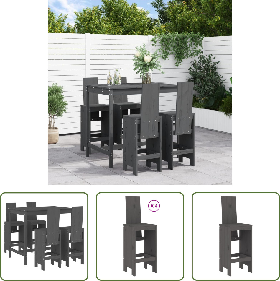 The Living Store 5-dielny záhradný barový set sivý z masívneho borovicového dreva