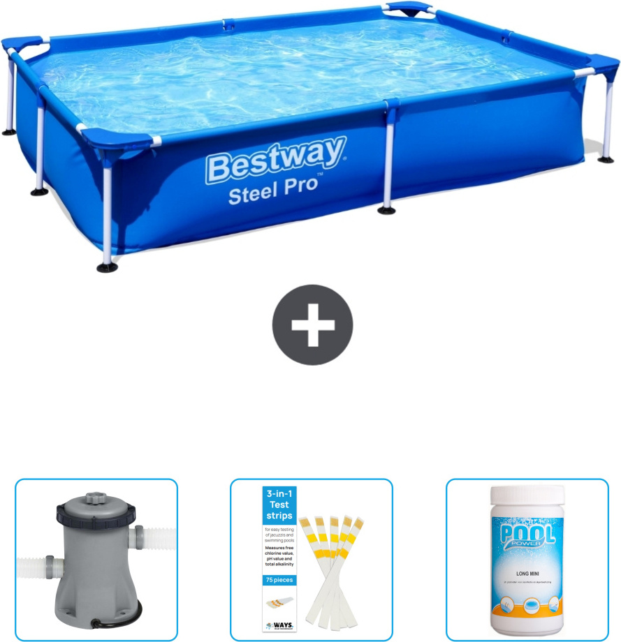 Obdĺžnikový bazén Bestway Steel Pro - 221 x 150 x 43 cm - modrý - obsahuje čerpadlo - testovacie prúžky - chlór