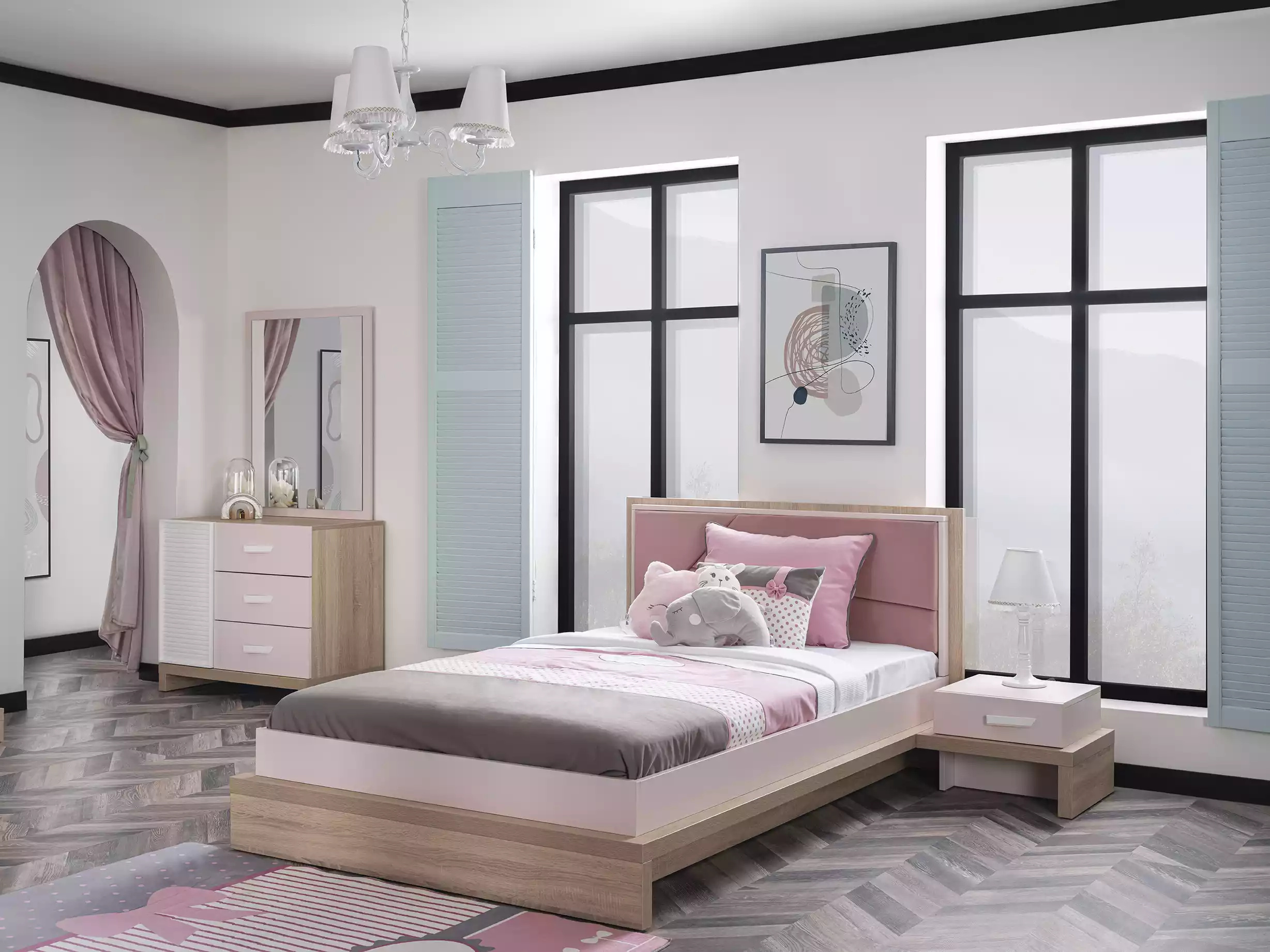 Gruppe Kinderbett Kinderzimmer Bett Holz Rosa Kindermöbel Set 4tlg