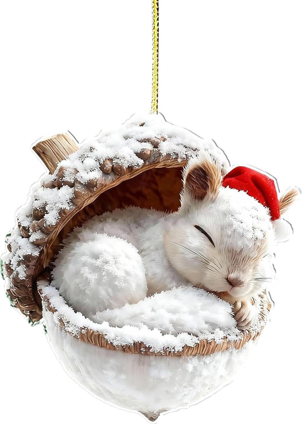 Bremen 2D-Waldtier-Eichel-Ornamente, gemütliches Waldtier im Schnee, frostige Tannenzapfen-Ornamente, Waldtier-Acryl-Hängeornamente für Tierliebhaber 4633237