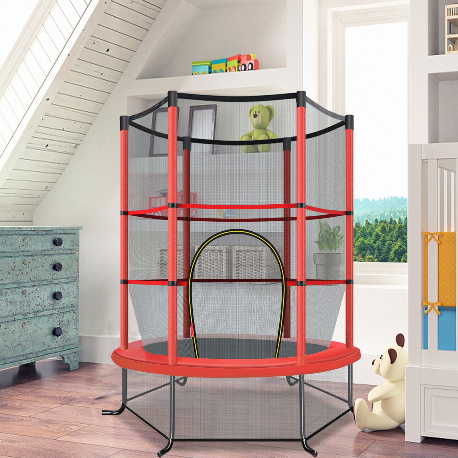 COSTWAY Ø165cm záhradná trampolína s bezpečnostnou sieťou, trampolína s nosnosťou do 135 kg, pre deti od 3 rokov Červená