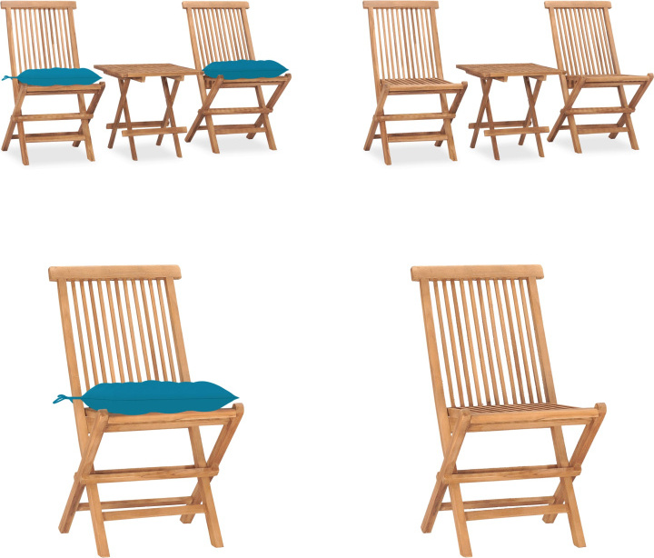 vidaXL 3-dielny záhradný jedálenský set s vankúšmi Skladací masívny teakový nábytok - Záhradný set nábytku - Záhradné sety nábytku - Záhradný stôl a stoličky - Záhradné stoly a stoličky