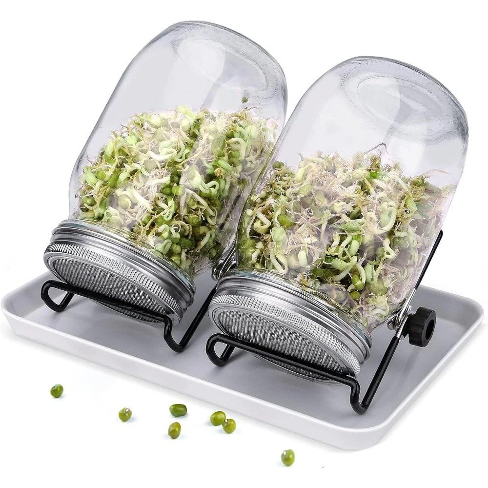 ZREE 2er Sprossenglas Keimglas Set 1000ml - mit Edelstahl-Gitterdeckel + Ständer - Sprossen Keimgerät - Anzucht-Set von Sprossen & Keimlingen HG11539