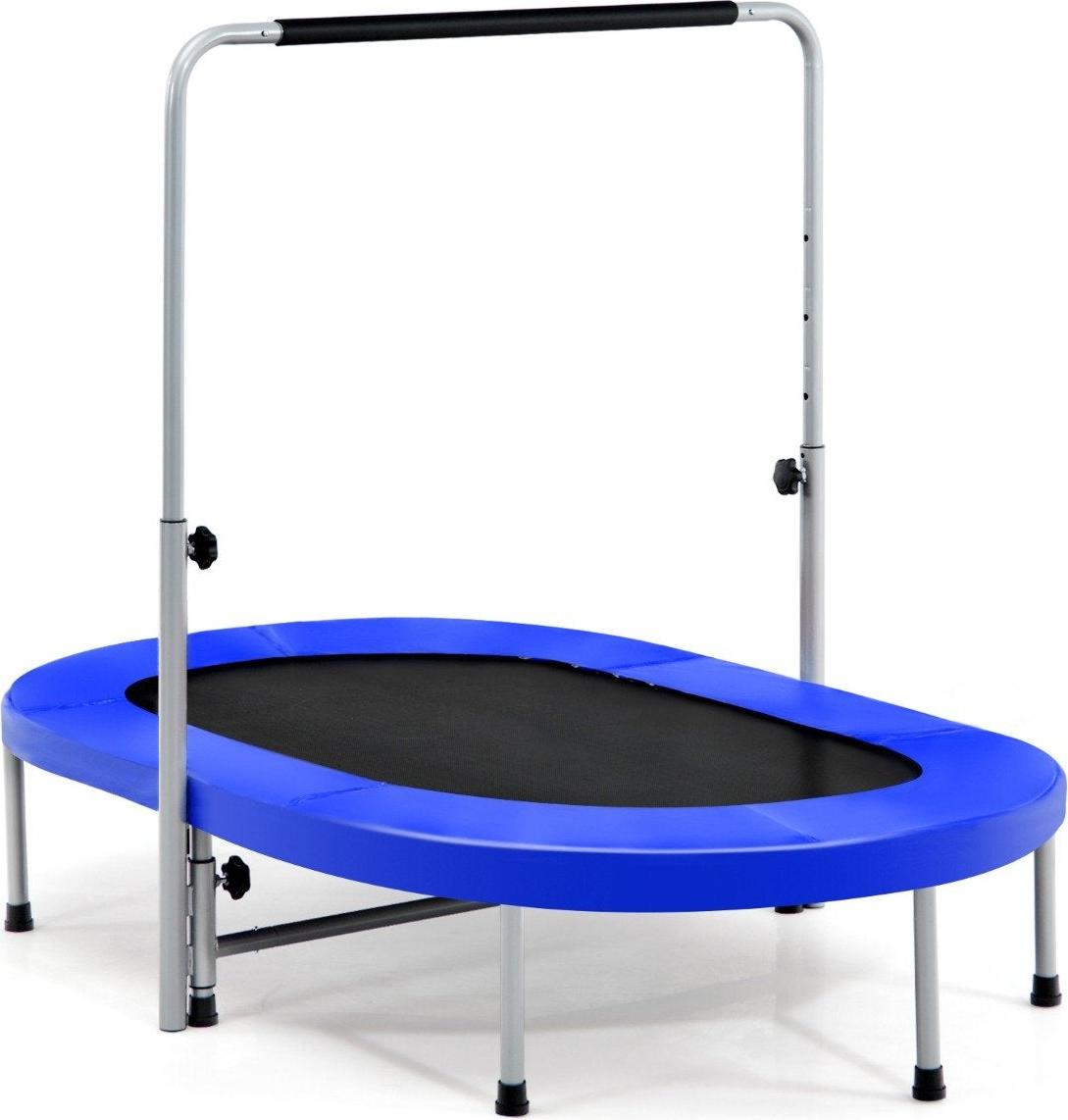 Trampolína pre 2 osoby s výškovo nastaviteľnou rukoväťou mini trampolína 154 x 90 x 92 -132 cm modrá