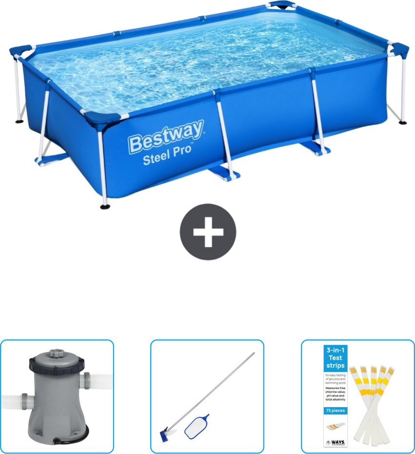 Obdĺžnikový bazén Bestway Steel Pro - 259 x 170 x 61 cm - modrý - obsahuje čerpadlo - čistiacu súpravu - testovacie prúžky