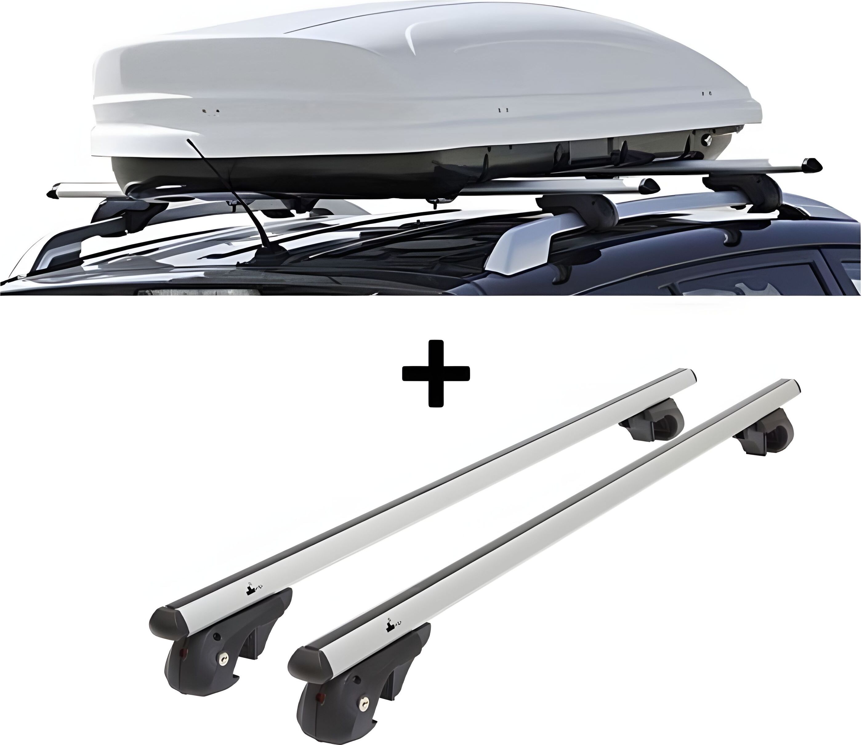 Dachbox VDPMAA460 460Ltr weiß abschließbar + Alu Relingträger VDP004L kompatibel mit für Mercedes C-Klasse Kombi 93-14 VDP004-120_cklasseMEN34200000