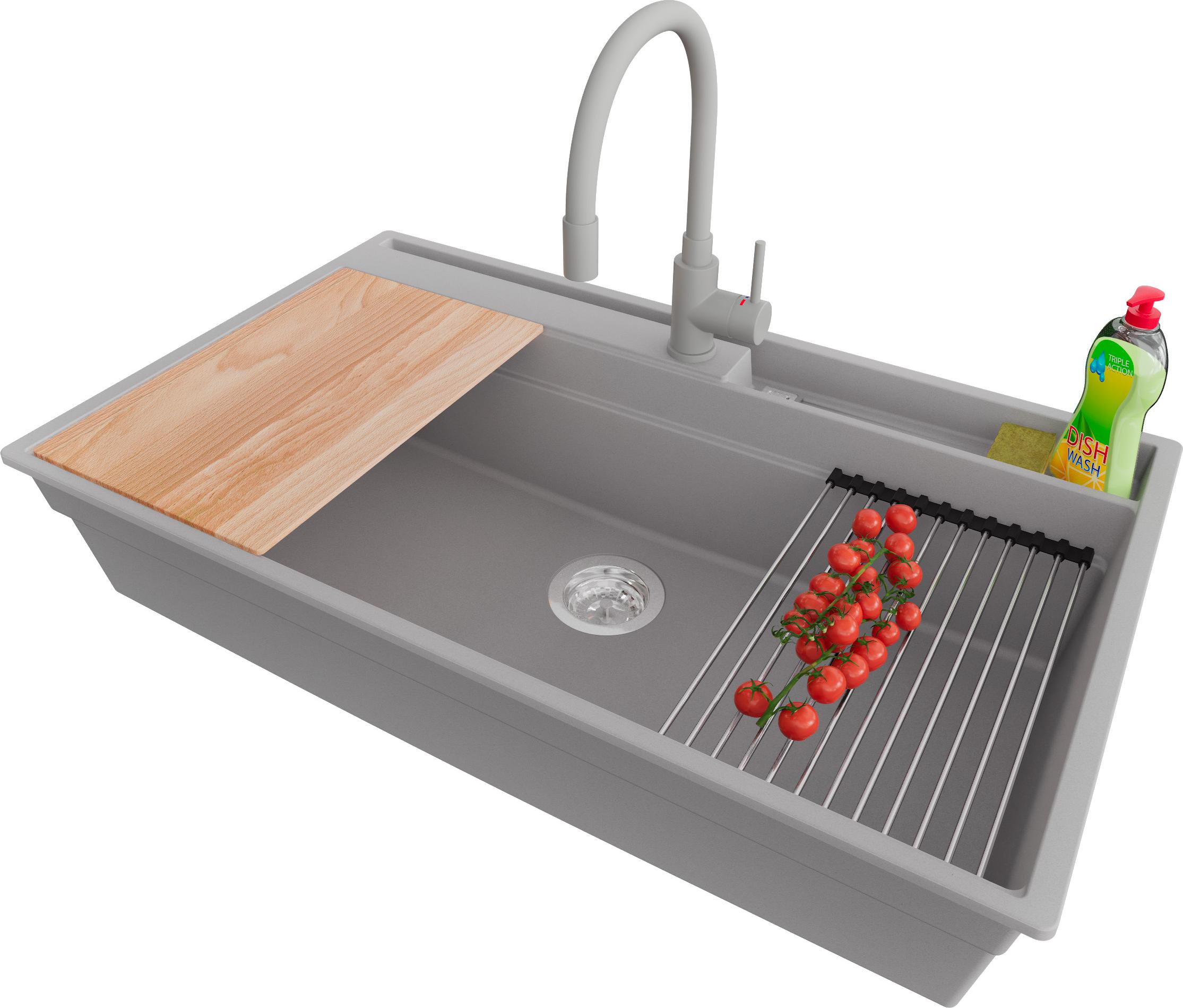 PRIMAGRAN Granitspüle Grau 88x53cm, Spülbecken 1 Becken + Küchenarmatur 38x14cm + Ablauf-Set + Küchenzubehörset, Küchenspüle ab 90er Unterschrank - Oslo Pocket