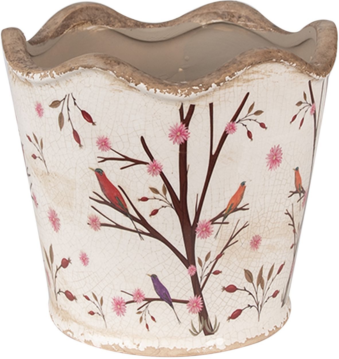 Clayre & Eef Blumentopf Aus Keramik – Erdbeer-Motiv, Beige/rot, Ø 12 Cm, Im Landhausstil