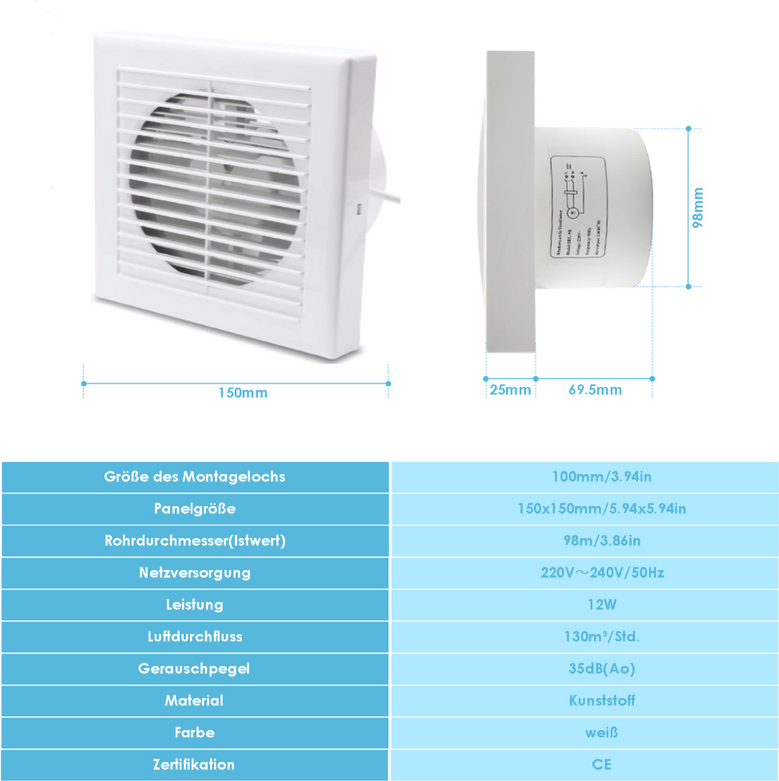 Peviasot Badluefter Ventilator Wandluefter Leise Weiss WC 100mm Mit Rueckflussleitblech RLYY-HG306-1