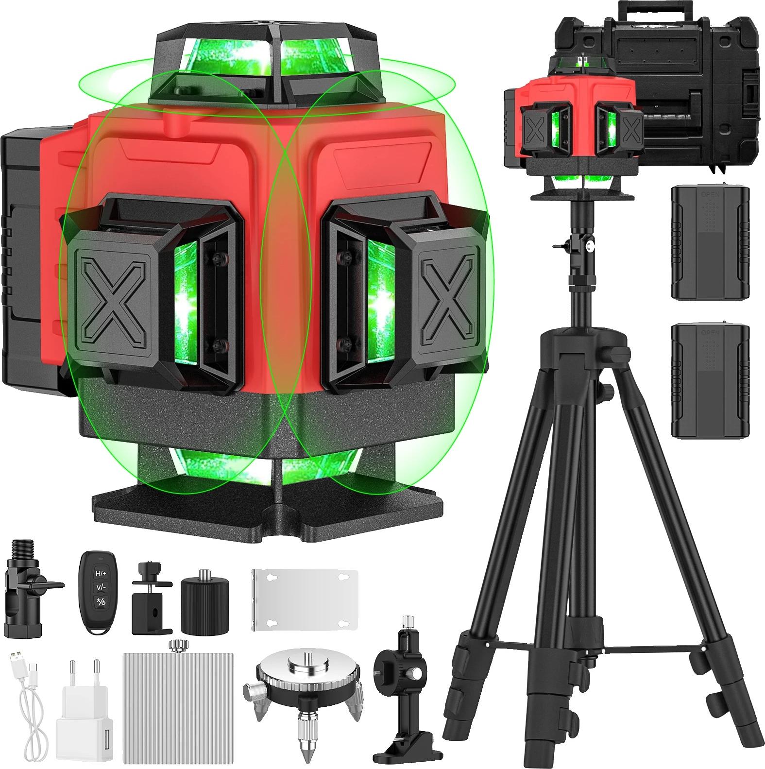 4D laserová vodováha, 16 čiar, diaľkové ovládanie, 16 čiar so statívom + plastová krabica