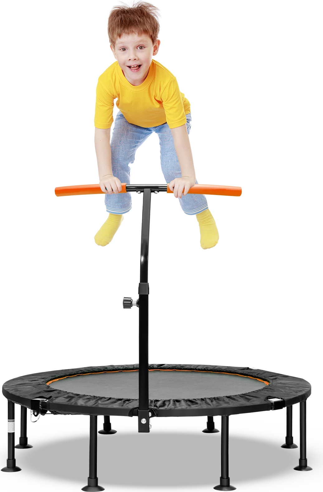 COSTWAY φ110cm mini trampolína skladacia s výškovo nastaviteľnou rukoväťou, detská trampolína s nosnosťou 100 kg oranžová