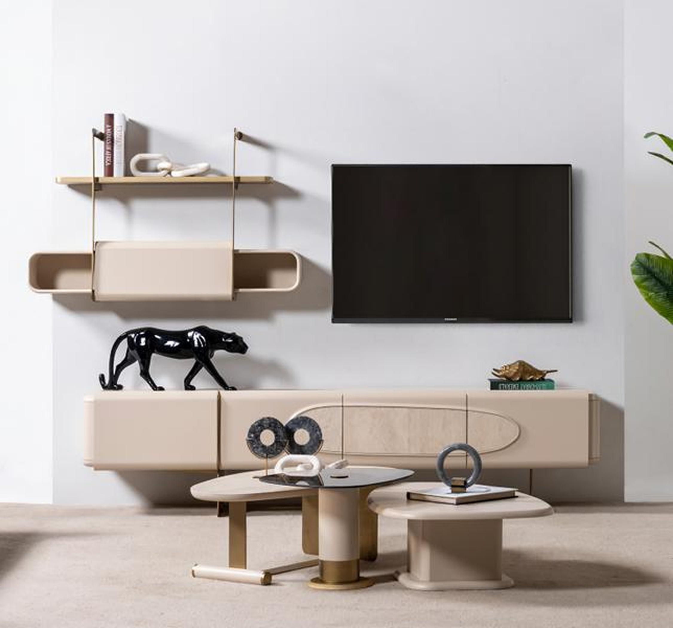Xl Moebel Gmbh Modern TV-Unit mit 3x Couchtische Robust 4-tlg. Wohngruppe Beige Tisch