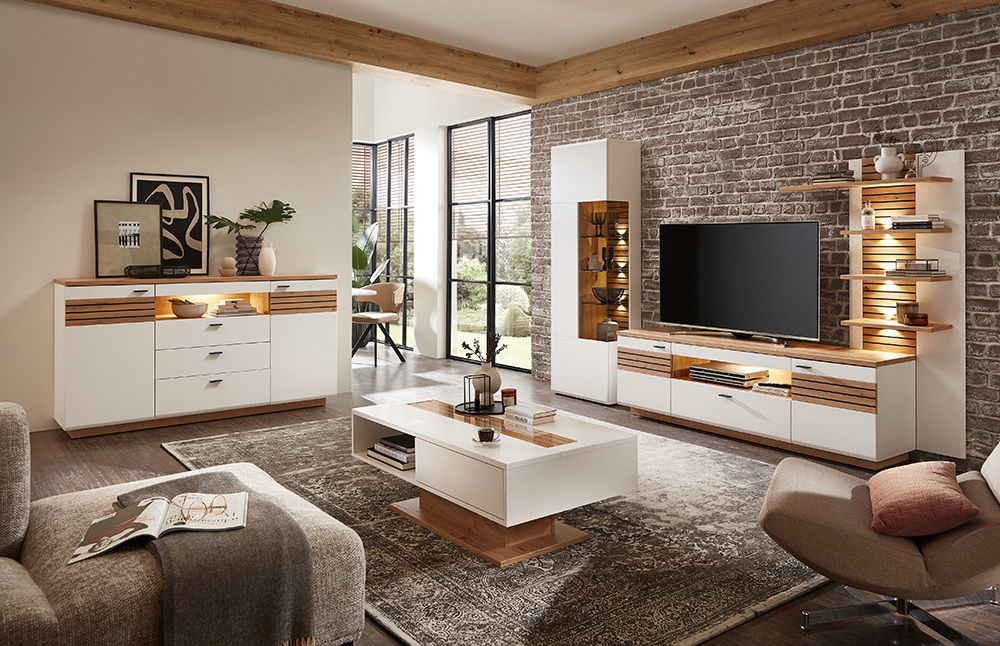 Lomadox Wohnmöbel Set, weiß mit Eiche, FALLON-55, modern, 5-teilig FALLON-55-SET38
