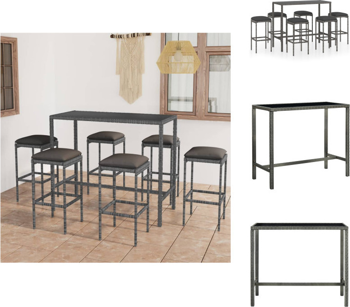 vidaXL 7-dielny záhradný barový set s vankúšmi polyratan sivý - Záhradný nábytok sety