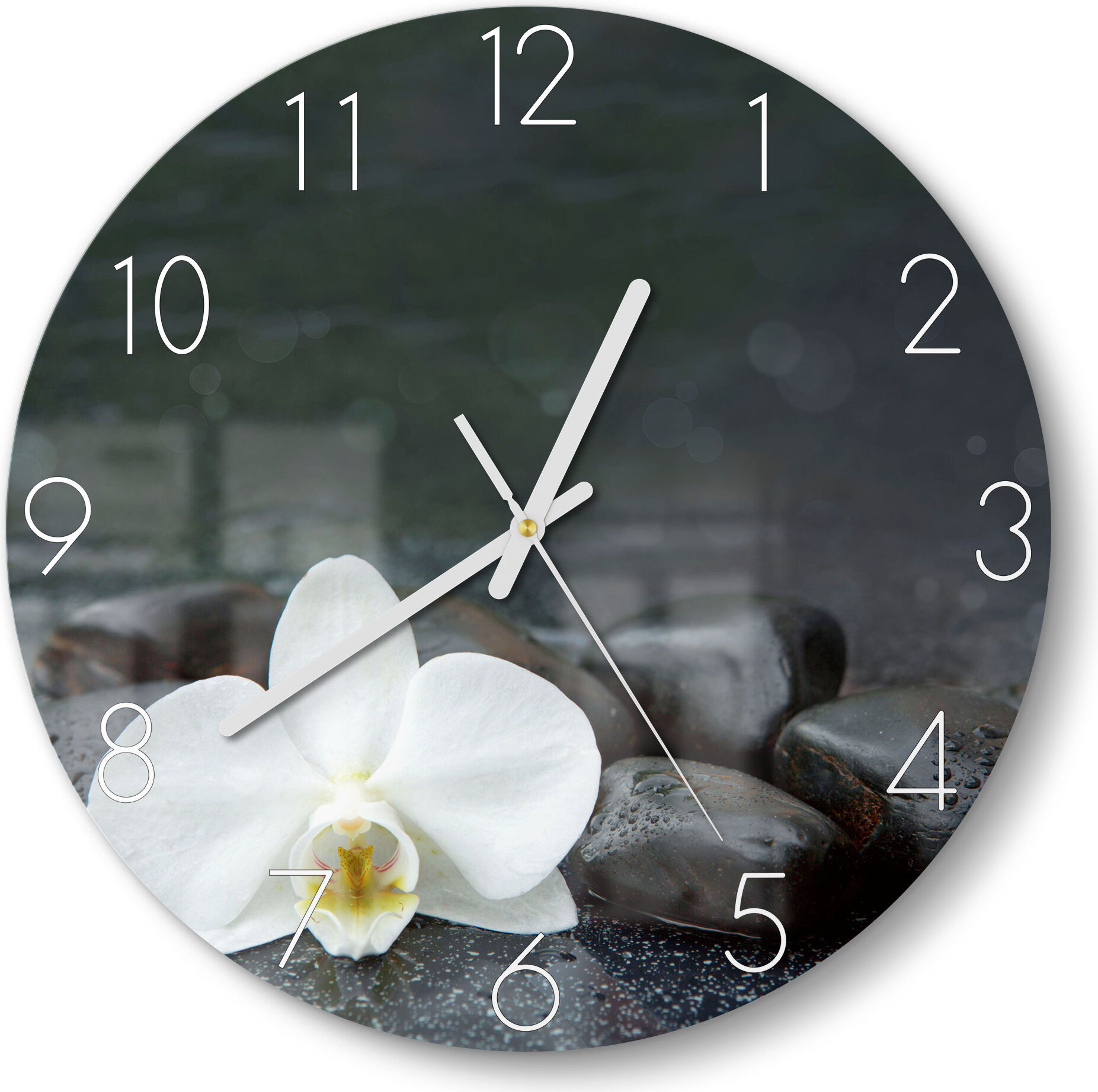 DEQORI Glasuhr Ø30 cm Zahlen 'Kontrastreiches Zen-Motiv' Wanduhr Glas Uhr Design leise WC-D30-N-1950