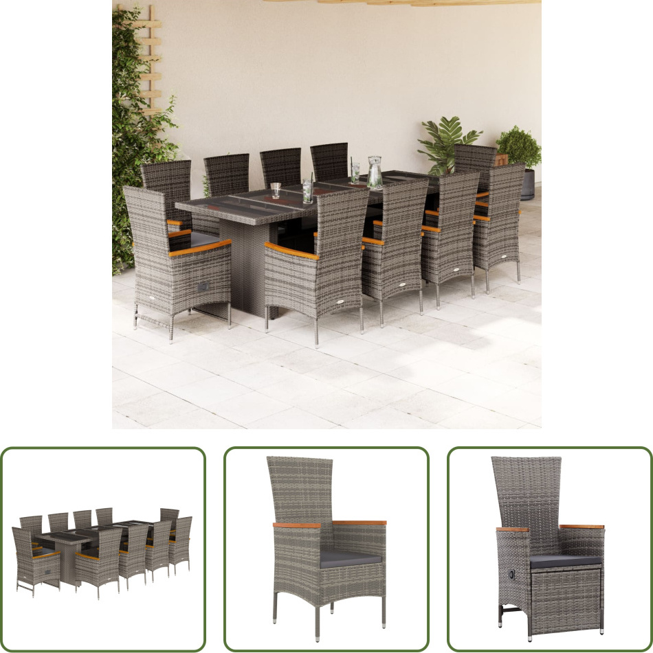 The Living Store 11-dielny záhradný jedálenský set s vankúšmi sivý polyratan