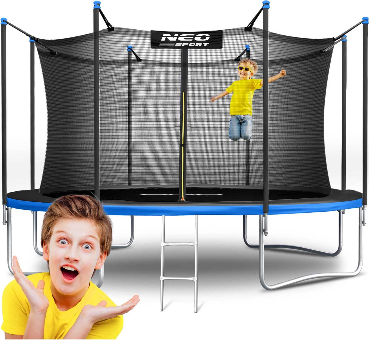 Detská záhradná trampolína Neo-Sport - Ø 374 cm (12 FT), s vnútornou sieťou a rebríkom, modrá
