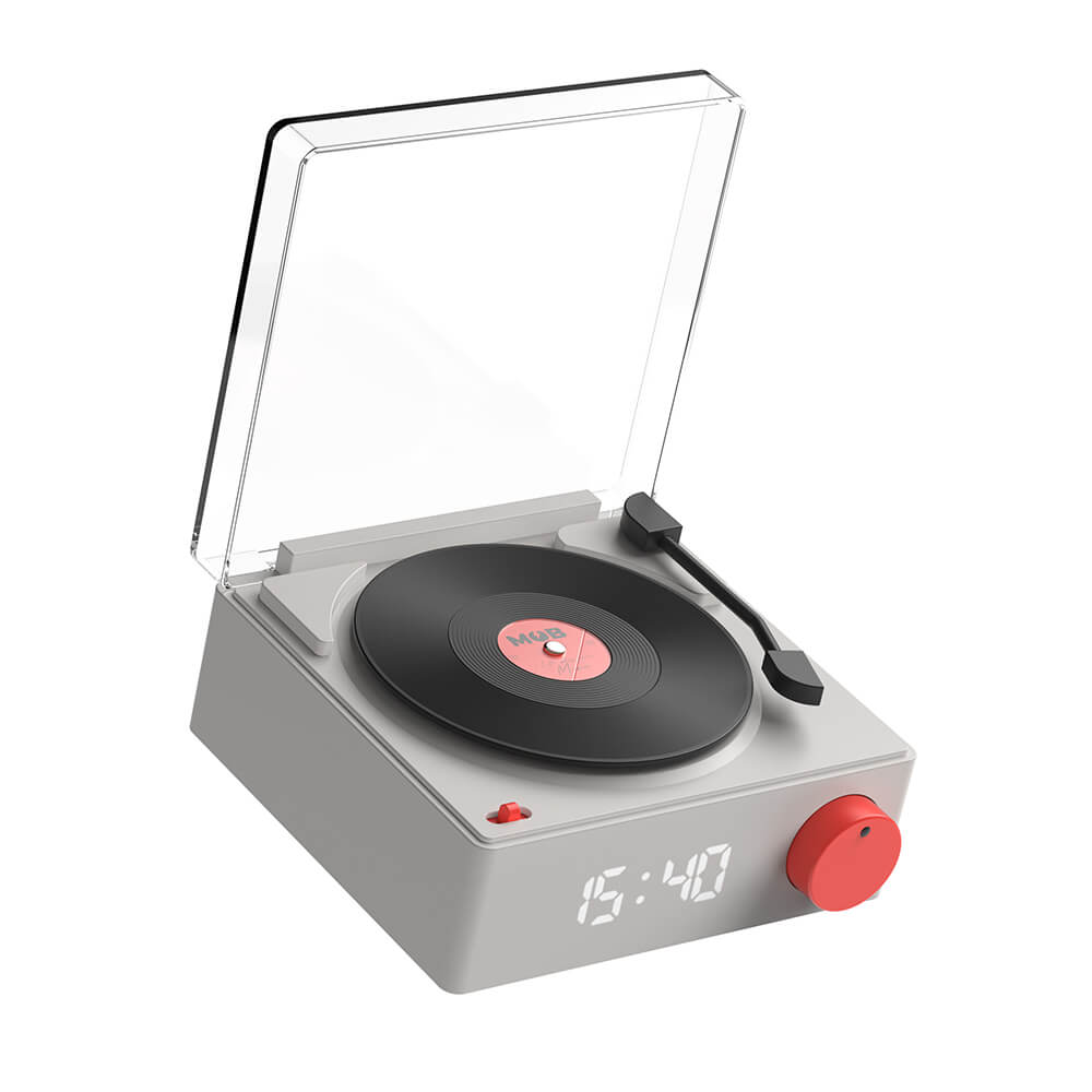 Budík s reproduktorom, vinyl, retro sivý