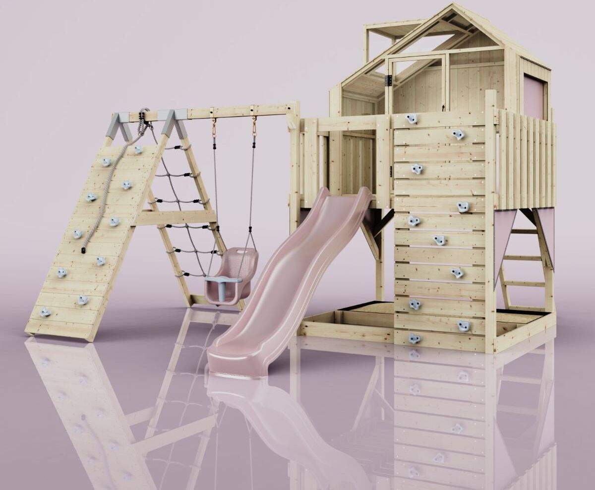 OutdoorToys Outdoor Spielturm mit Wellenrutsche, Spielhaus aus Holz mit Kletterwand, Kletternetz, Ausführung: Babyschaukel, Farbe: Altrosa, mit Babyschaukel O4.5.00299.11