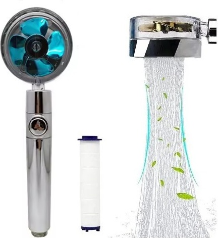 HARAHU Rotierender Duschkopf mit Turbinenfilter für mehr Duschgenuss - Silber/Blau KP30988