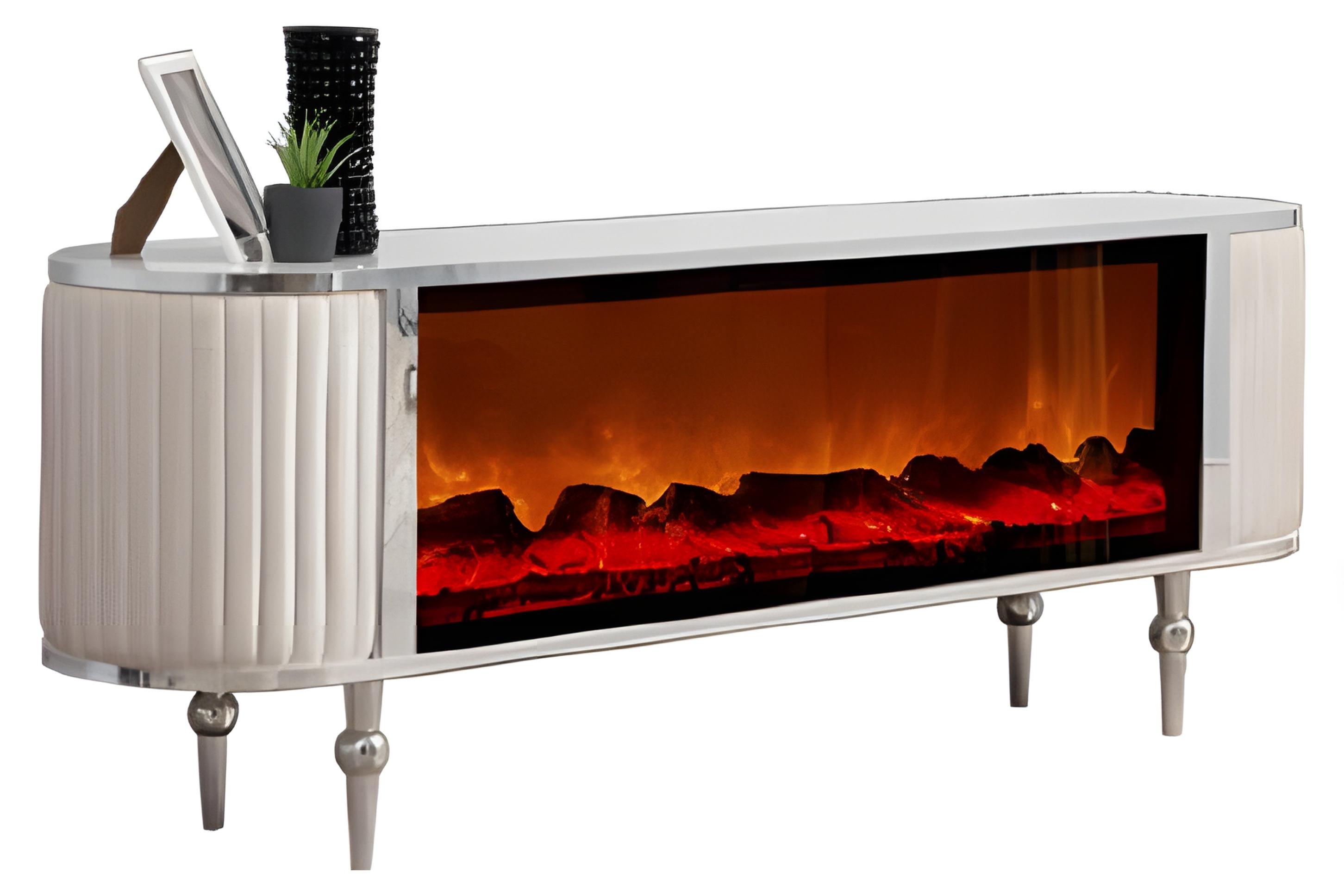 Xl Moebel Gmbh Exklusiver TV-Schrank mit LED, Kamineffekt und edlen Stoffbesätzen