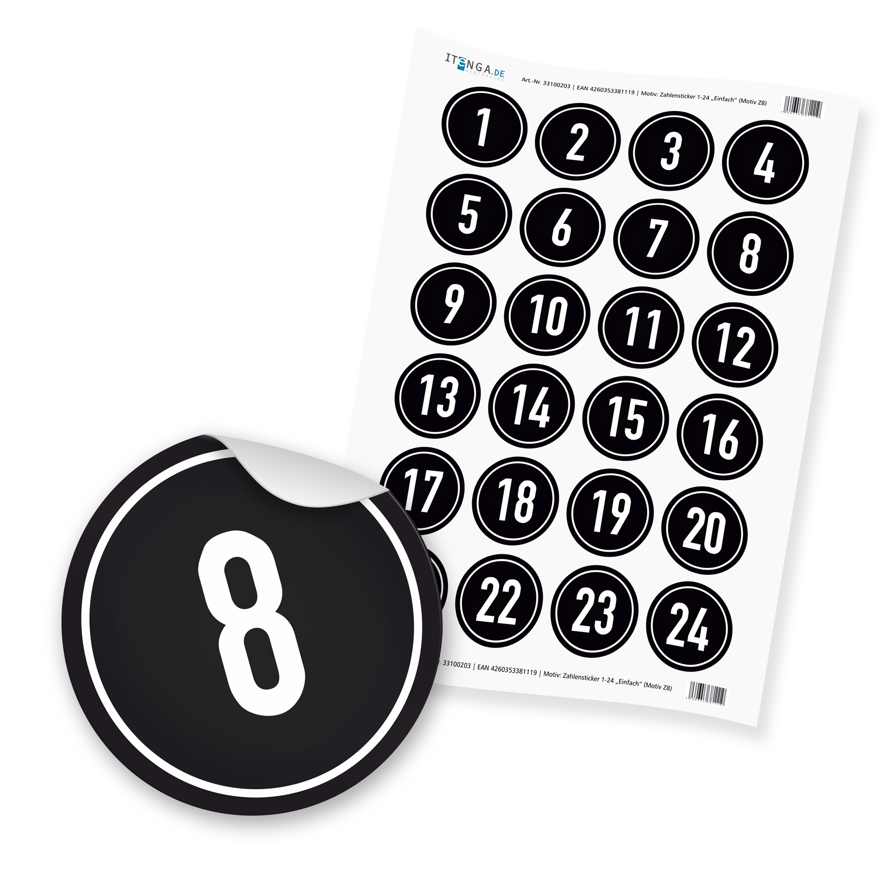 Zahlensticker Z08 1-24 schwarz weiß