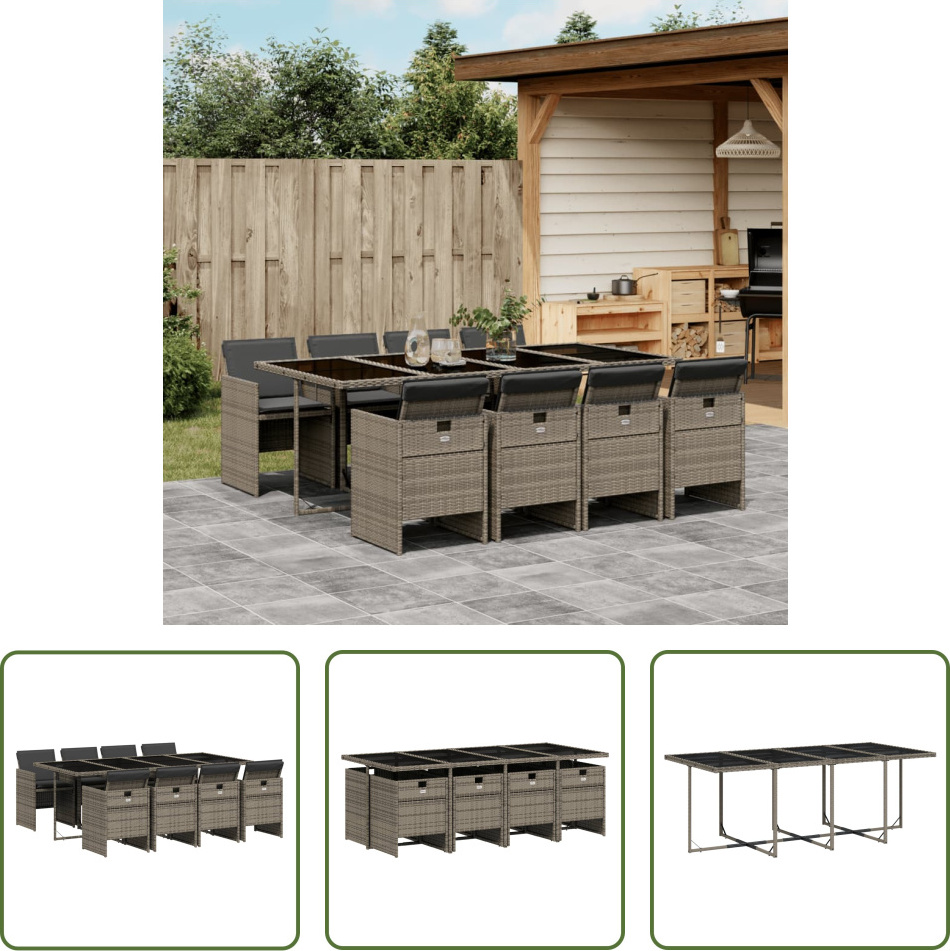 The Living Store 9-dielny záhradný jedálenský set s vankúšmi sivý polyratan