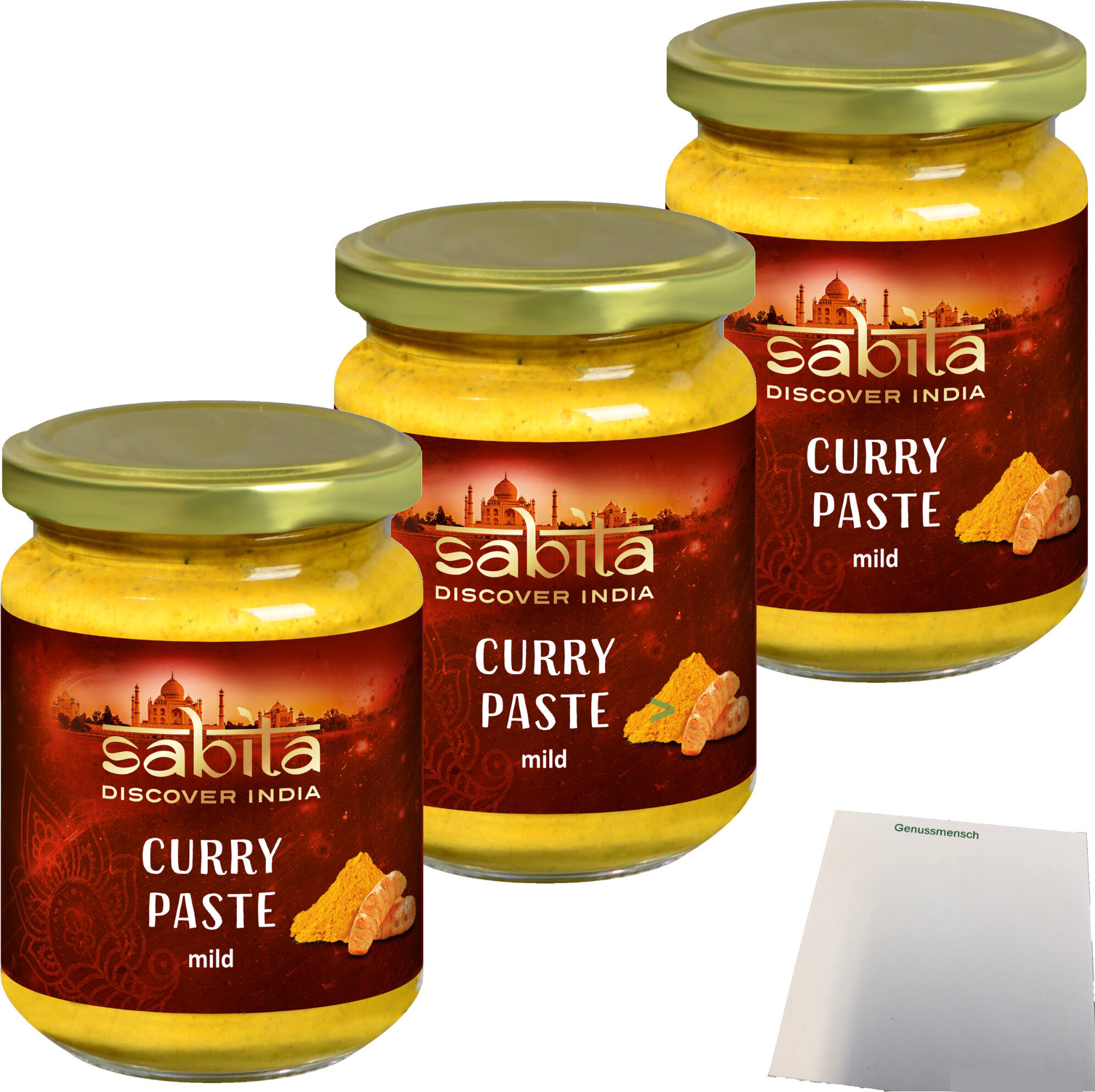 Sabita Curry-Paste mild für typisch indische Currys zum marinieren von Hähnchen Lamm Rind sowie Fisch 3er Pack (3x125g Glas) + usy Block