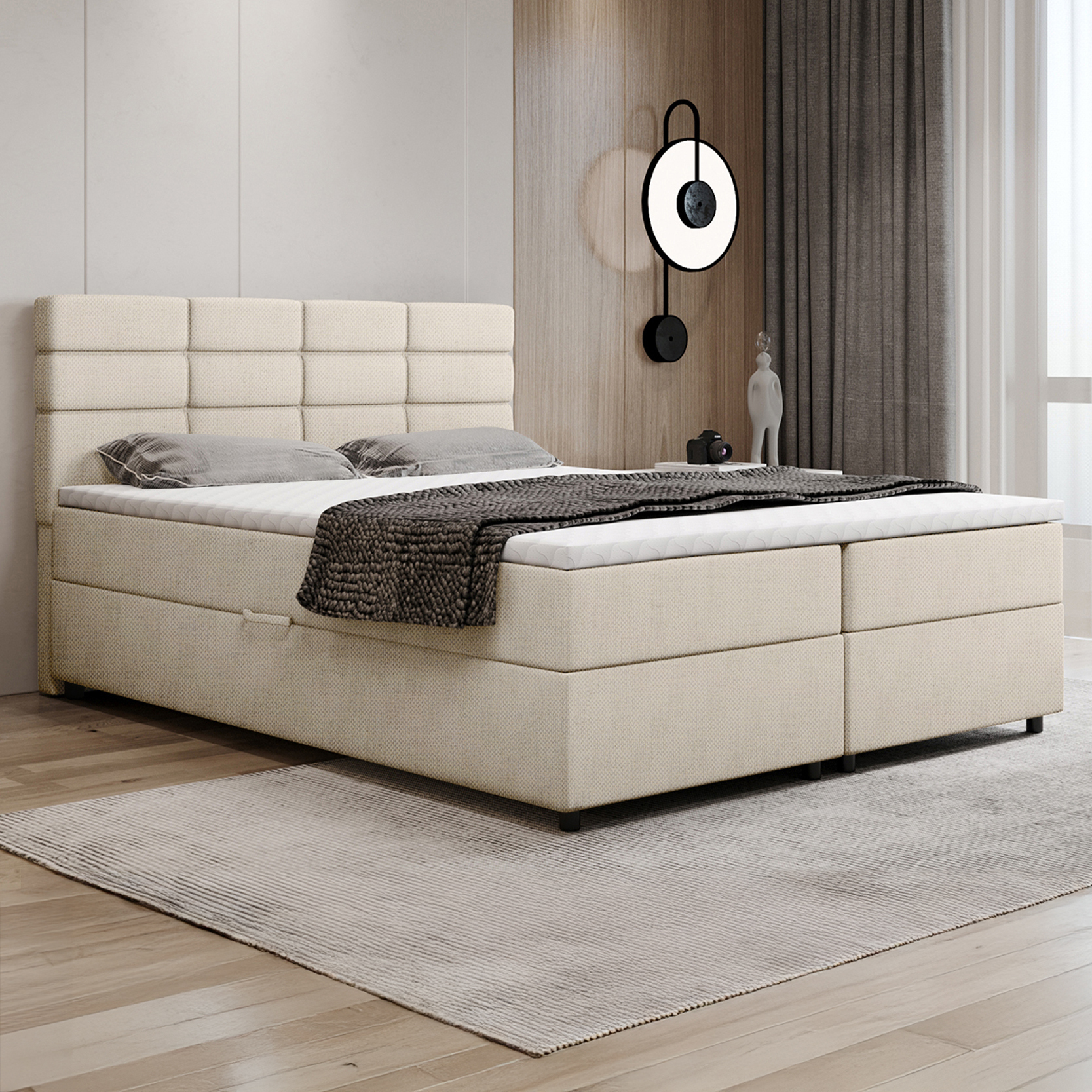 Boxspringbett 160x200, mit Bettkasten, Beige, Matratze und Topper, Doppelbett, REVE, Panda Möbel
