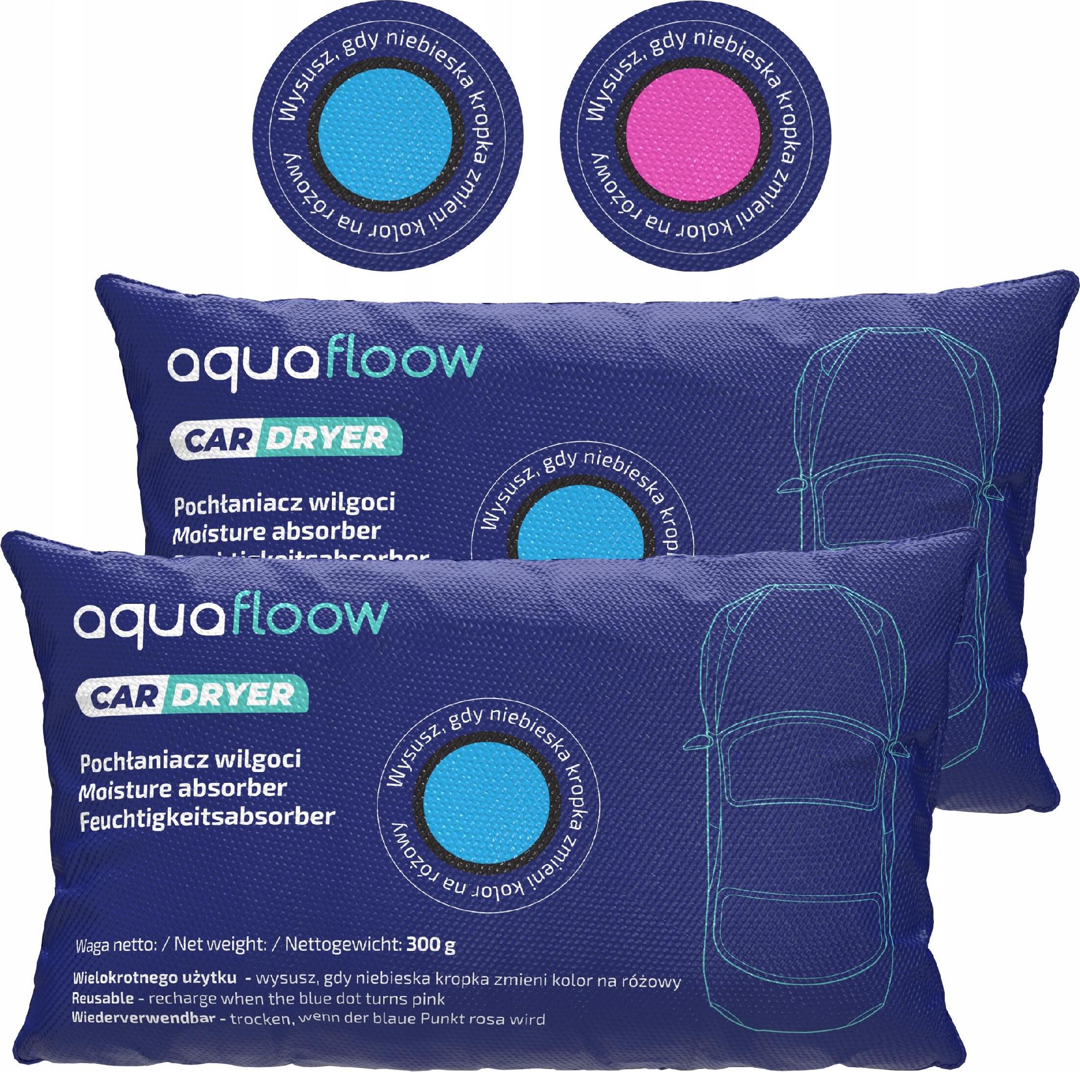 Aquafloow 2 Stück 300g Autofeuchtigkeitsabsorber mit Indikator - Wiederverwendbar, Siliziumdioxid 2_AF63-300