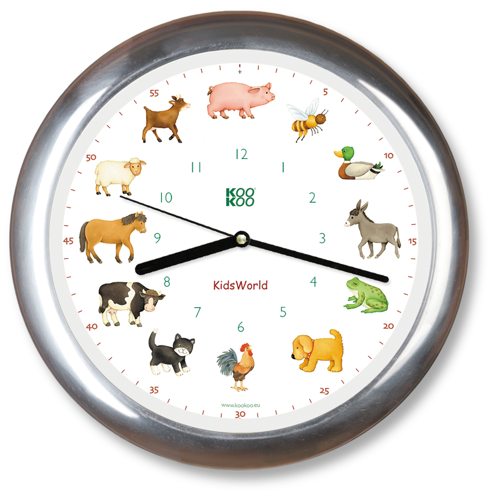 KOOKOO KidsWorld chrome, Wanduhr mit echten Tierstimmen KW4000A