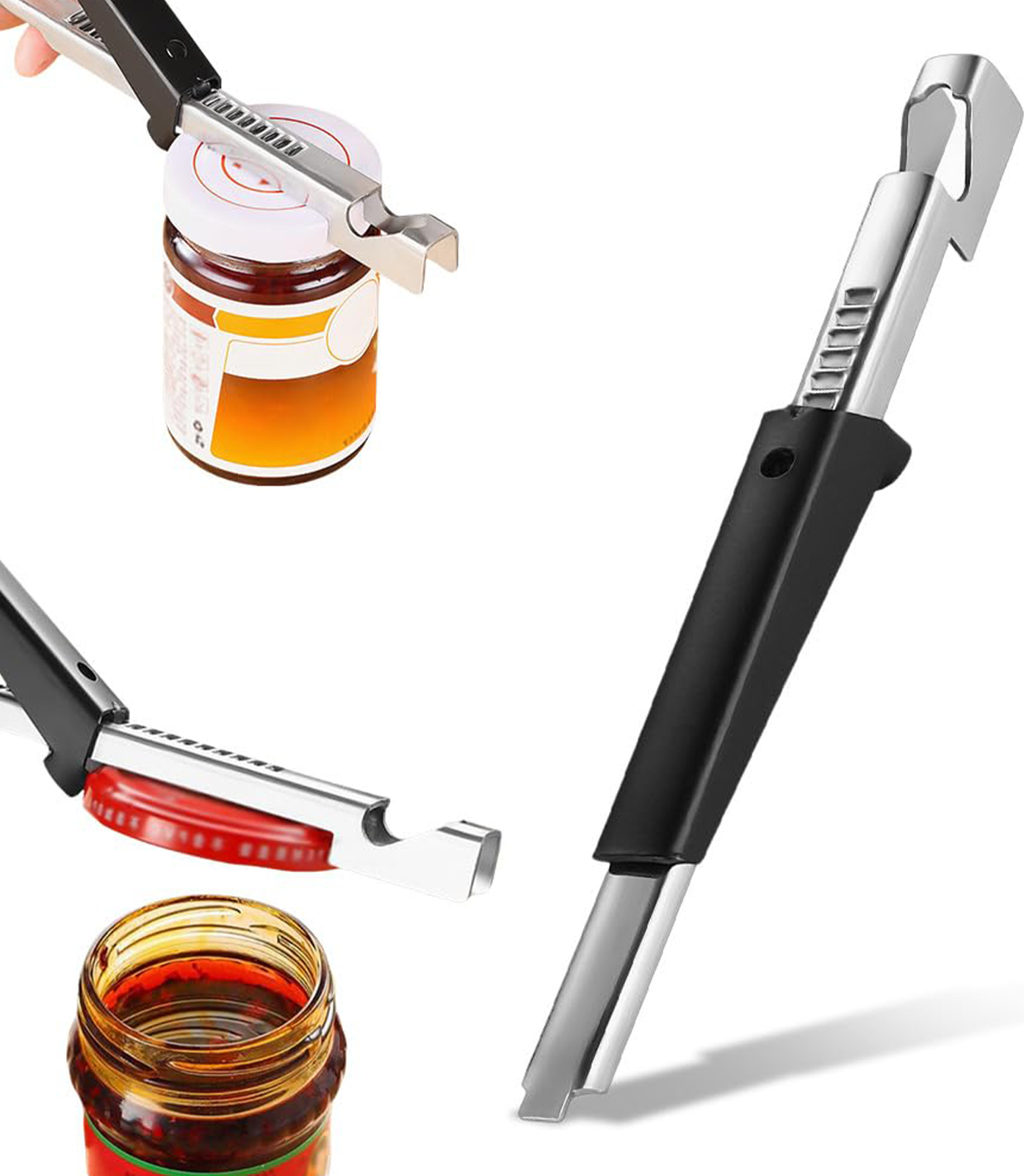 3-in-1 Flaschenöffner Edelstahl - Verstellbarer Deckelöffner Für Gläser & Flaschen