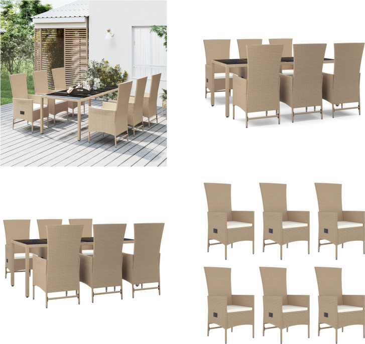 vidaXL 7 tlg. Garten Essgruppe mit Kissen Beige Poly Rattan - Garten Essgruppe - Garten Essgruppen - Essgruppe - Essgruppe Terrasse