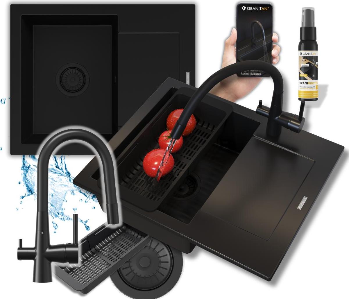 Granitan | GranitSpüle - Spülbecken 1-Kammer - 57x47 cm - Alles Schwarz - mit 3-Wege Küchenarmatur - mit Abtropfgestell - BELLO