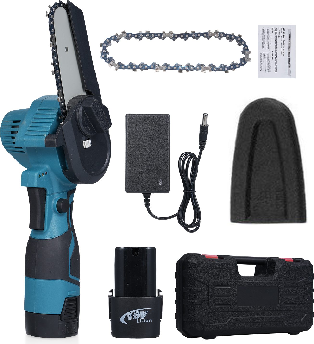 Aibecy 4-Zoll-Mini-Elektrokettensaege, 18 V, kabellose Kettensaege mit 2 Stueck 1500 mAh Akku-Sicherheitsverriegelung zum Schneiden von aesten, EU-Stecker Mini-Kettensaege