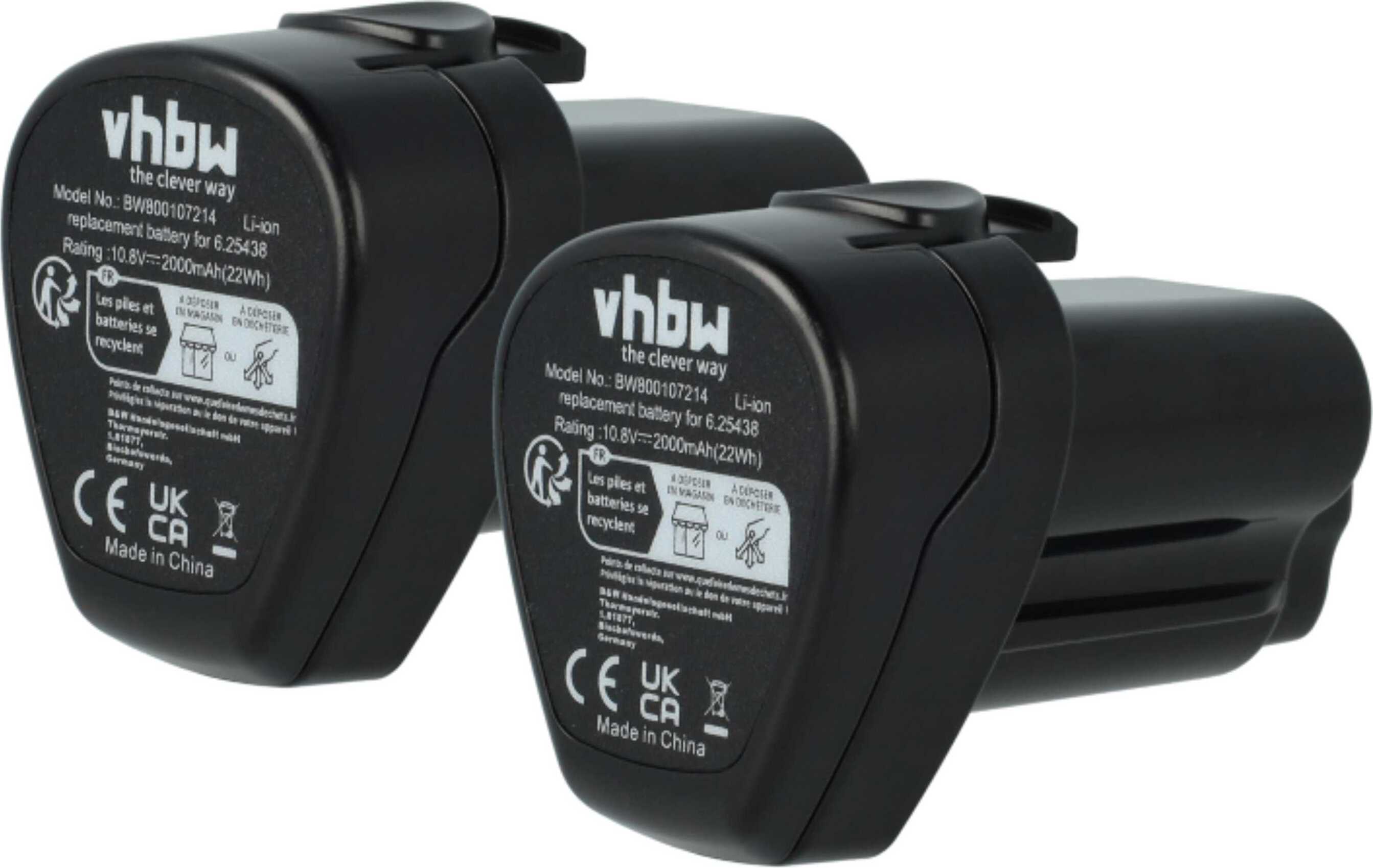 vhbw 2x Akku kompatibel mit Metabo PowerMaxx TLA LED, PowerMaxx SB Basic, PowerMaxx SLA LED, PowerMaxx SSD Werkzeug (2000 mAh, Li-Ion, 10,8 V) 120695301-6